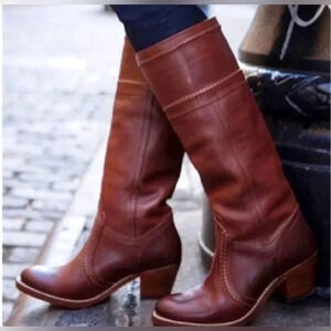 Frye Jane Sticked Brown Leather Knee High Heeled Boots Size 6.5 NWOT